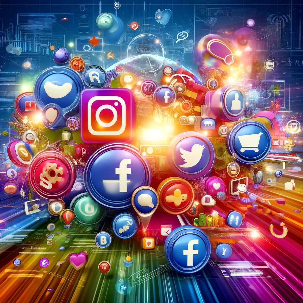 A vibrant graphic illustrating social media marketing strategies for e-commerce businesses, featuring icons of platforms like Facebook, Instagram, Twitter, and Pinterest, along with engagement elements such as likes, comments, and shares, set against a busy e-commerce dashboard background.