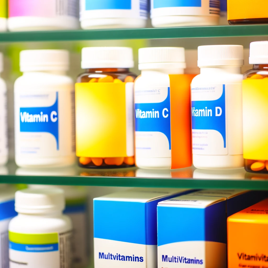 A variety of vitamin bottles displayed on a pharmacy shelf.